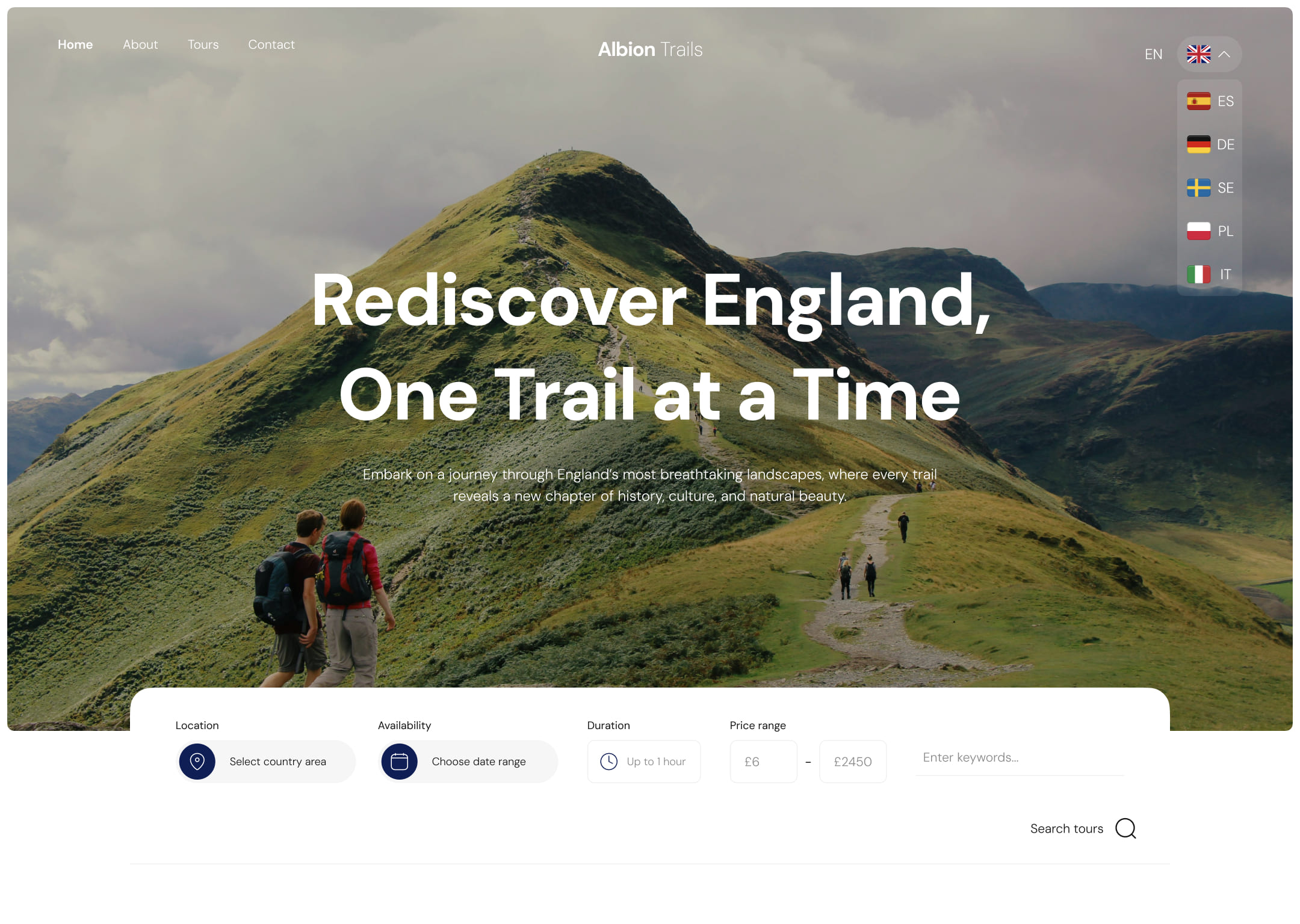 Homepage of a tour service site featuring hiking trails in England. A language dropdown is expanded showcasing 6 available languages: English, Spanish, Deutsch, Swedish, Polish and Italian.